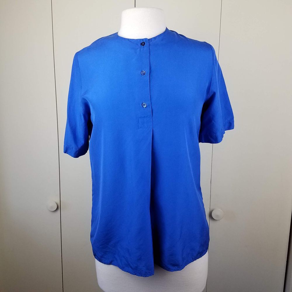 Vintage Blue Silk Loose SS Blouse Top, Old England Paris, UK 34/US 8